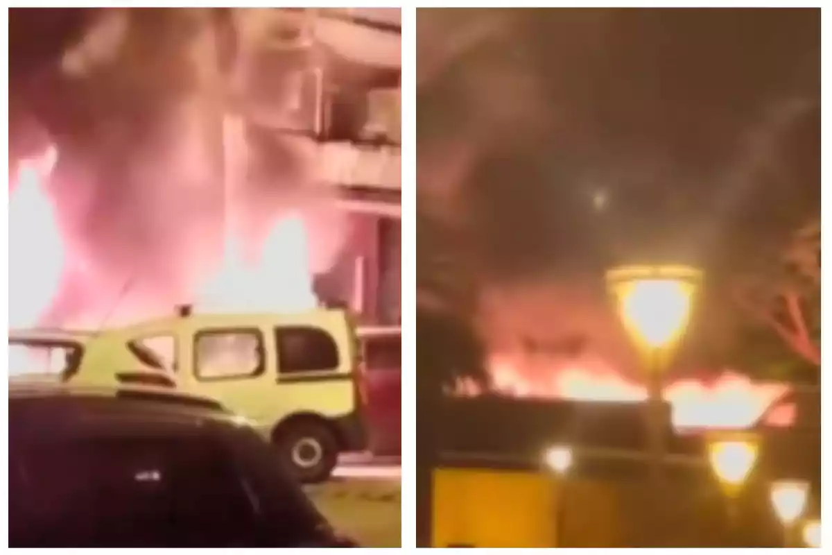 Dos imágenes de un incendio nocturno con llamas intensas y humo denso, donde se observa un vehículo amarillo cerca del fuego.