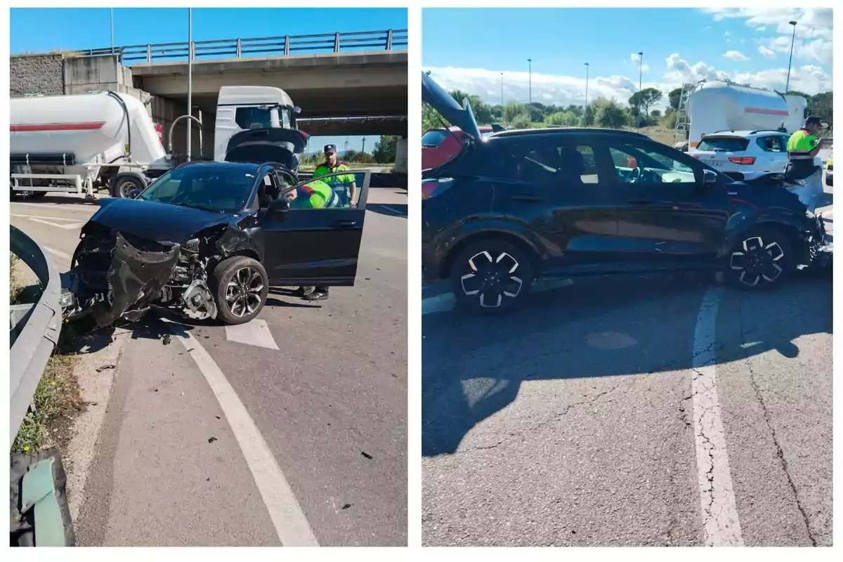 Dos imágenes muestran un coche negro dañado tras un accidente en una carretera, con un camión cisterna y personas alrededor.