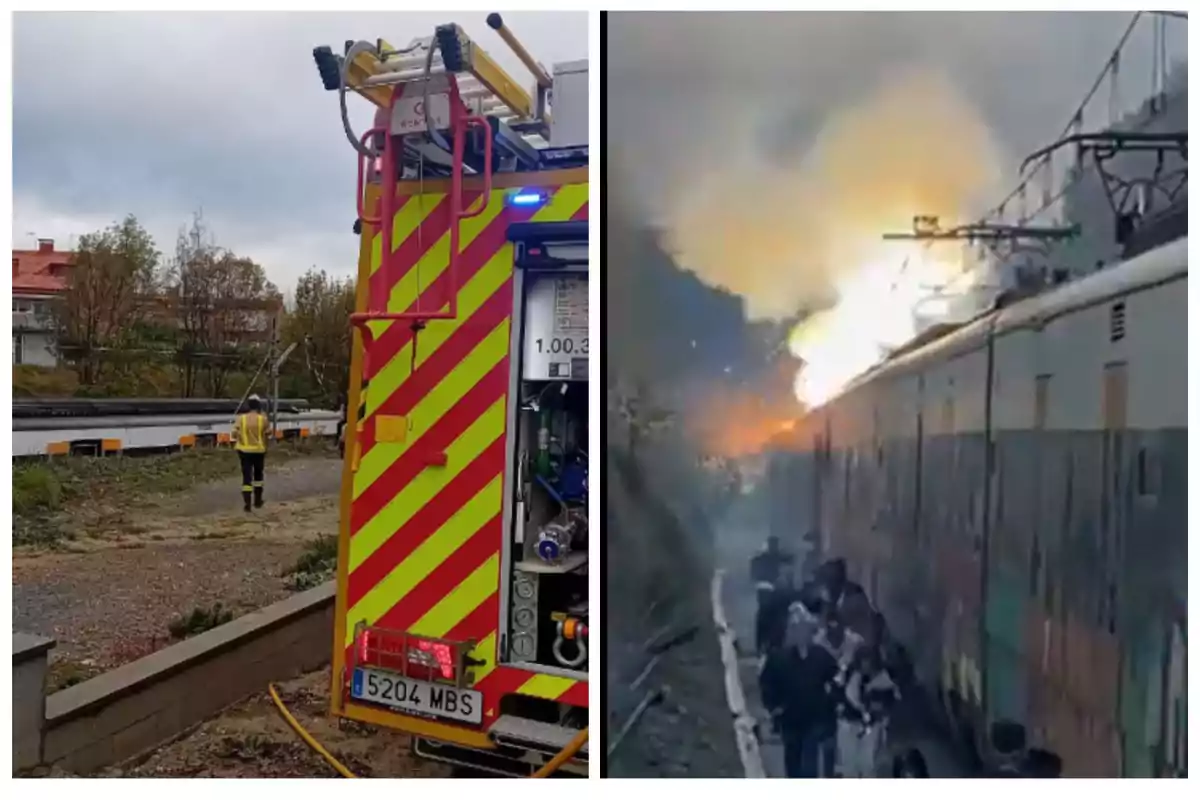 Un camió de bombers amb llums encesos està estacionat a prop d'un tren en flames mentre persones s'allunyen del lloc.