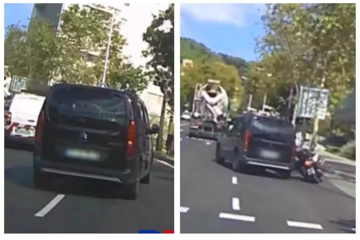 Un vehicle negre circula per una carretera amb arbres als costats i un camió de ciment al capdavant.