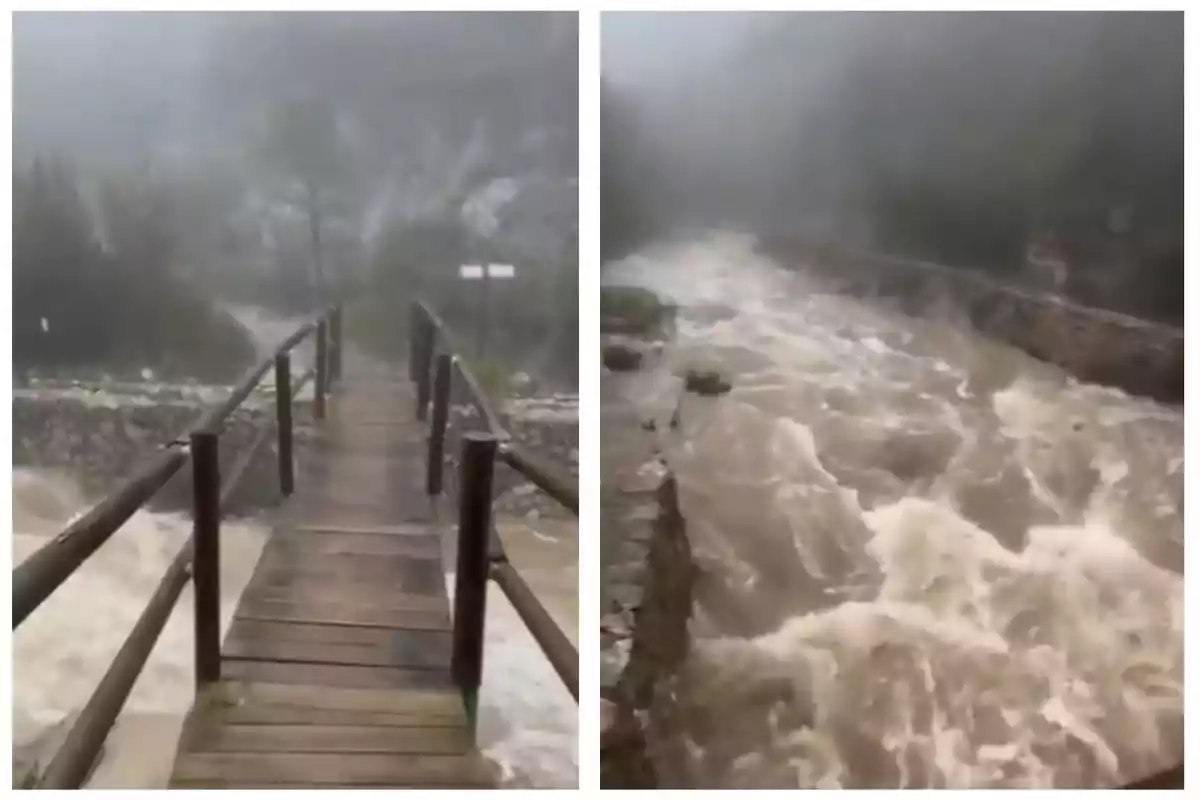 Un puente de madera sobre un río crecido con aguas turbulentas y un paisaje nublado.