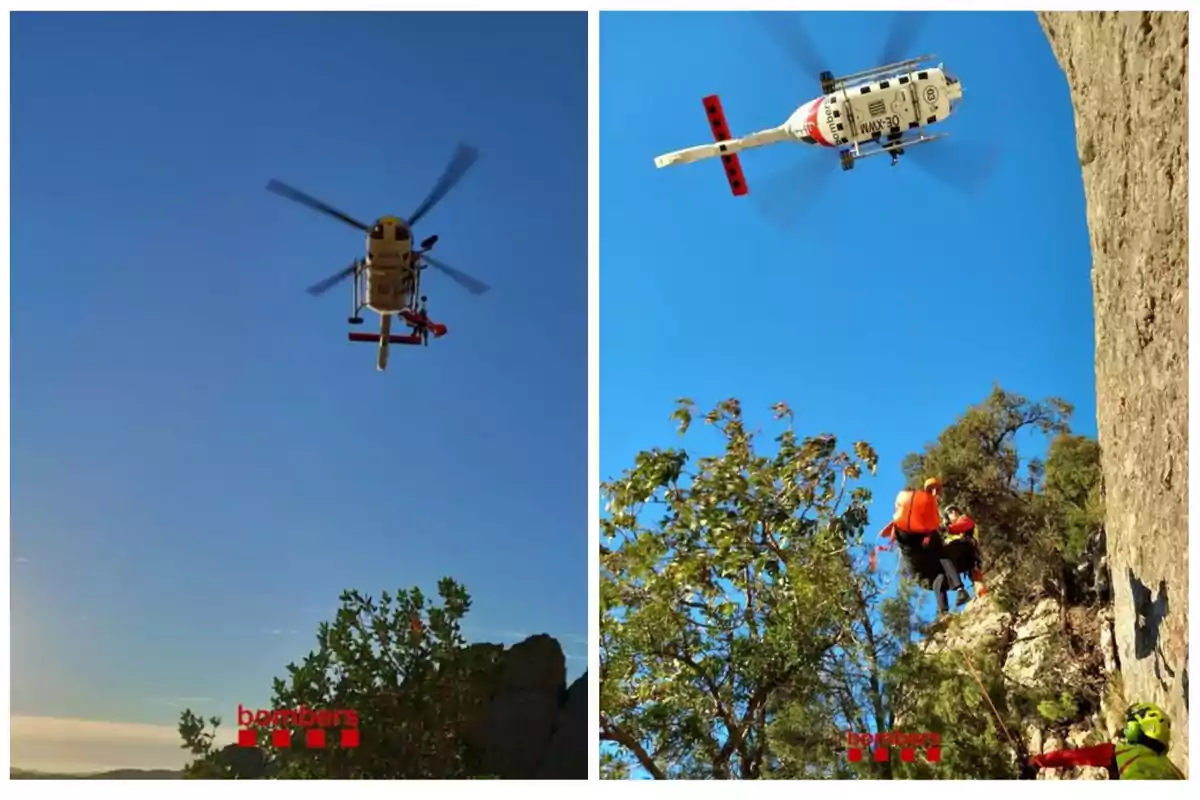 Un helicóptero de rescate en el aire y un equipo de rescate descendiendo por una cuerda cerca de una pared rocosa y árboles.