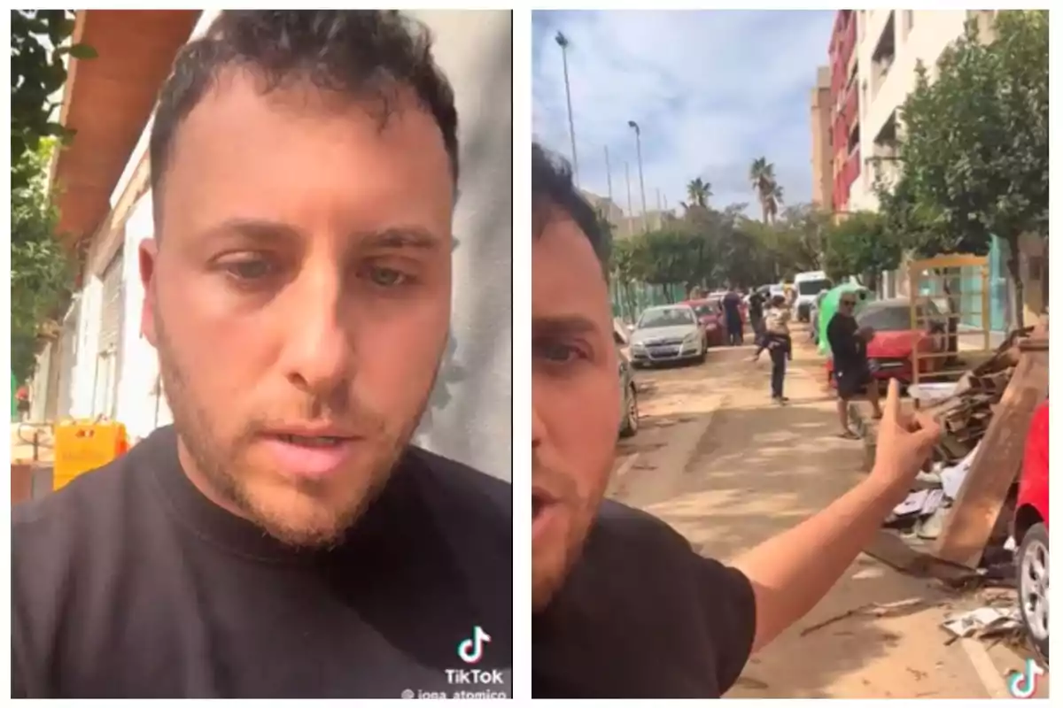 Un hombre con barba y cabello corto aparece en dos imágenes, en la primera está en primer plano y en la segunda señala una calle con escombros y coches estacionados.