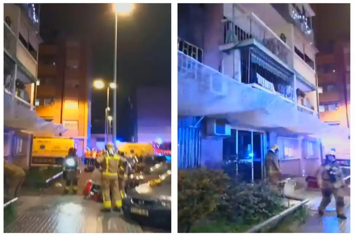 Bomberos y servicios de emergencia trabajando en un edificio residencial durante la noche.