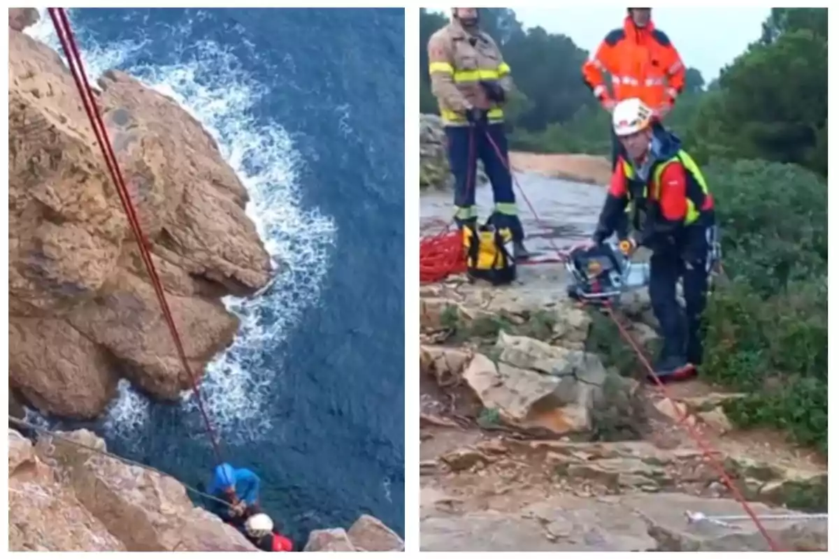 Rescate en un acantilado con personal de emergencia utilizando cuerdas para asegurar a las personas en peligro.