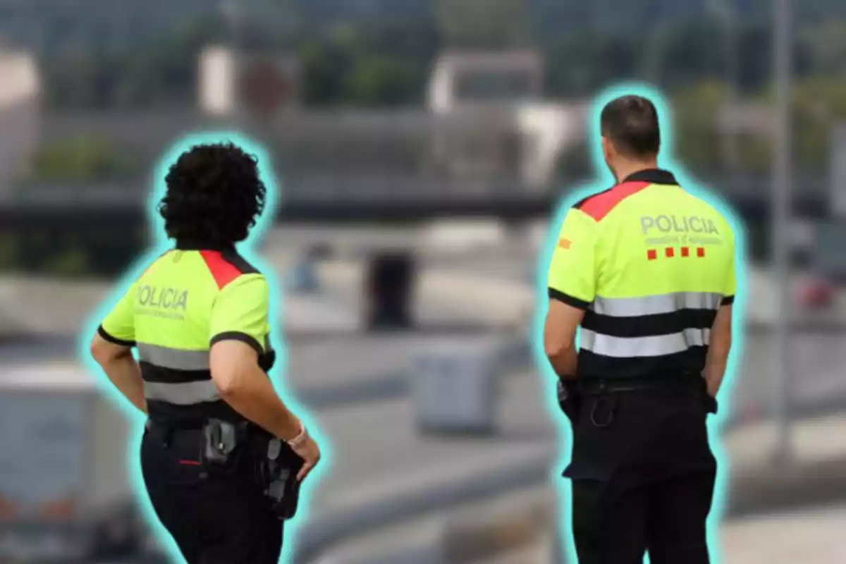 Dos policies dʻesquena amb uniformes dʻalta visibilitat en una carretera.