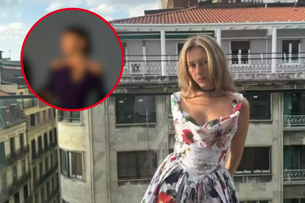 Una mujer con un vestido floral posa en un balcón con edificios de fondo, mientras que en un círculo rojo se muestra una imagen borrosa de otra persona.