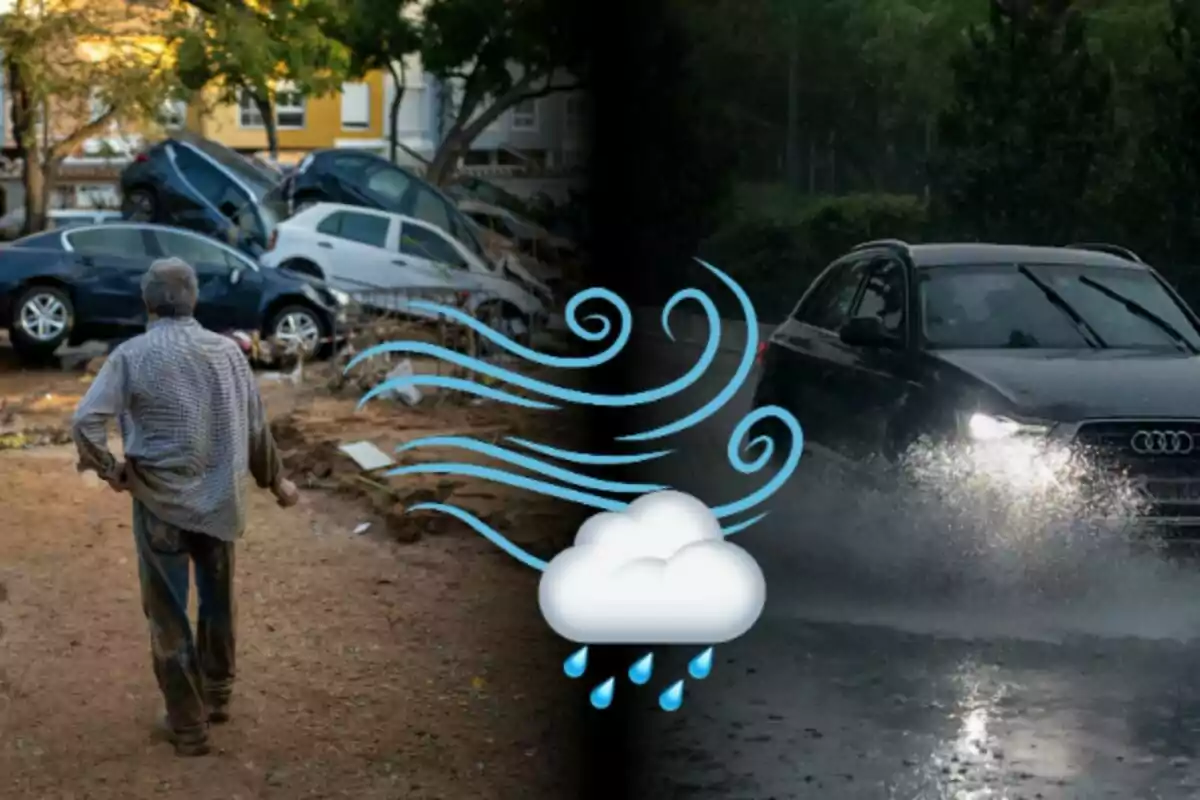 Un hombre observa varios coches apilados tras una tormenta mientras un coche circula por una carretera mojada bajo la lluvia. Un hombre observa varios coches apilados tras una tormenta mientras un coche circula por una carretera mojada bajo la lluvia.