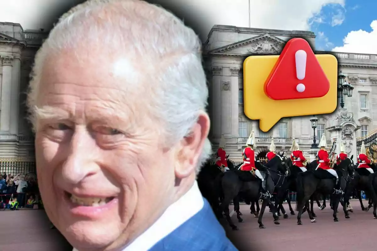 Charles III with a neutral face in the foreground, wearing a serious expression in front of Buckingham Palace, mounted guards, and a warning icon over the building.