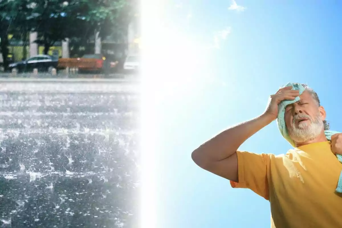 La meitat de la imatge mostra un carrer sota una pluja intensa i l’altra meitat un home gran eixugant-se la suor sota el sol fort. La meitat de la imatge mostra un carrer sota una pluja intensa i l’altra meitat un home gran eixugant-se la suor sota el sol fort.