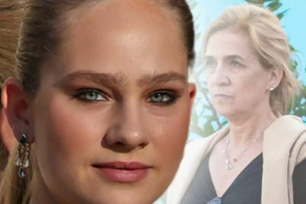 Primer plano de Irene Urdangarin con rostro neutro y, al fondo, aparece la infanta Cristina con expresión seria.