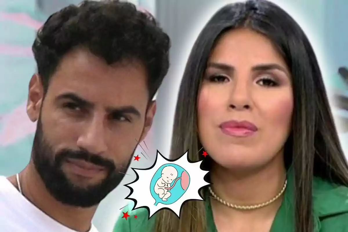 Muntatge de fotos de primer pla d'Asraf Beno i Isa Pantoja -tots dos amb rostre seriós- amb un emoji d'un nadó al centre.