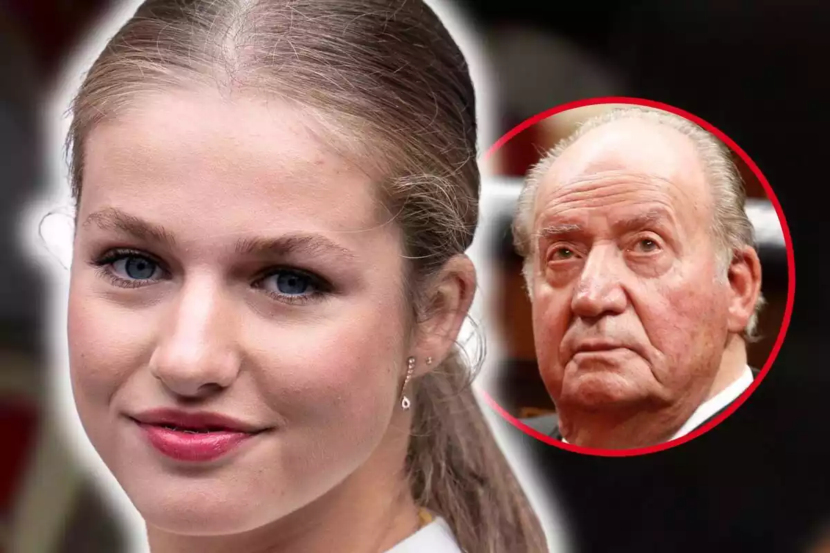 Montaje de fotos de primer plano de la princesa Leonor y al lado, en el interior de un circulito, su abuelo, el rey emérito don Juan Carlos I, con rostro serio