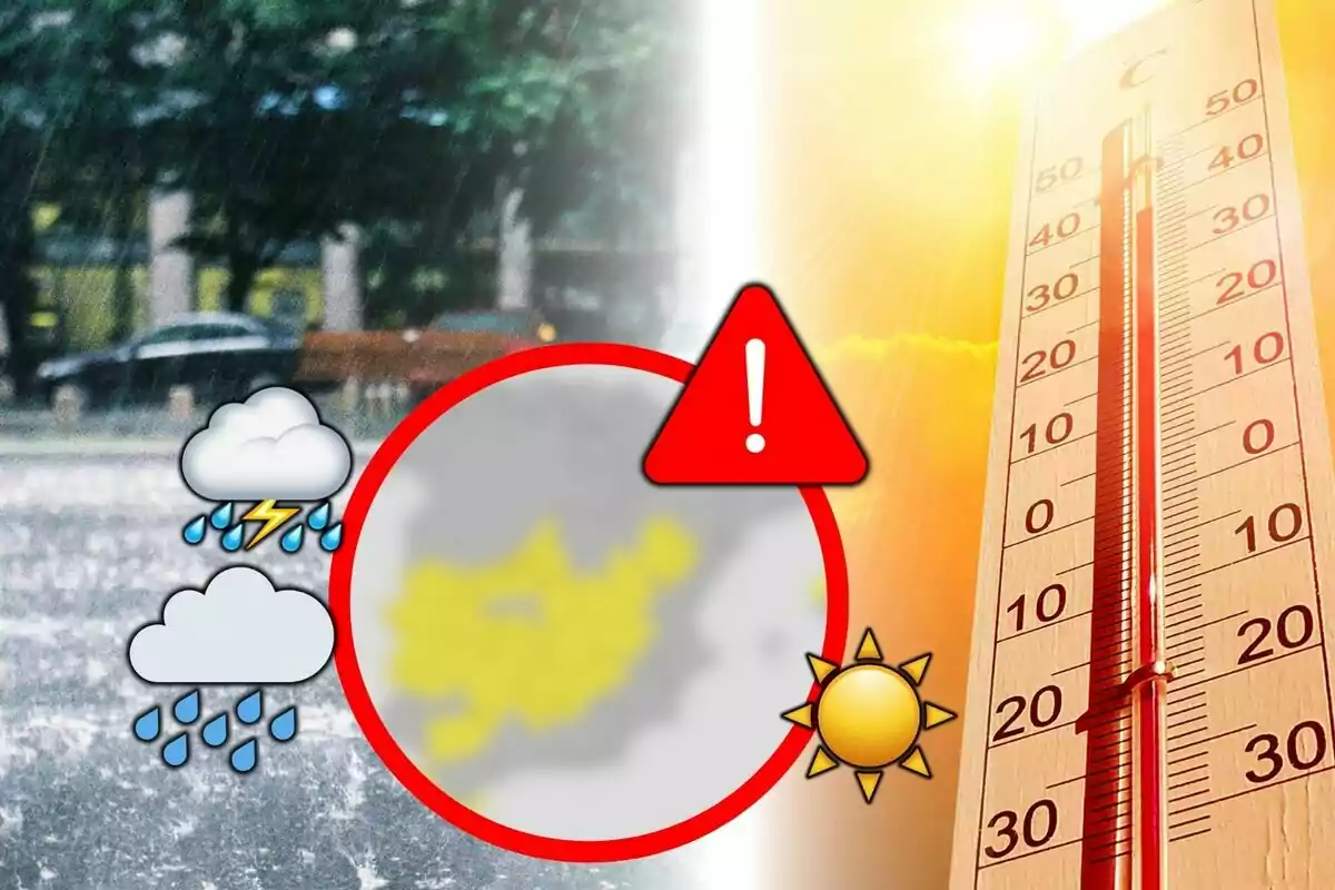 Imatge dividida en dues meitats que mostra pluja intensa i tempesta a l'esquerra i sol amb altes temperatures a la dreta, amb un termòmetre i un símbol d'advertència al centre. Imatge dividida en dues meitats que mostra pluja intensa i tempesta a l'esquerra i sol amb altes temperatures a la dreta, amb un termòmetre i un símbol d'advertència al centre.