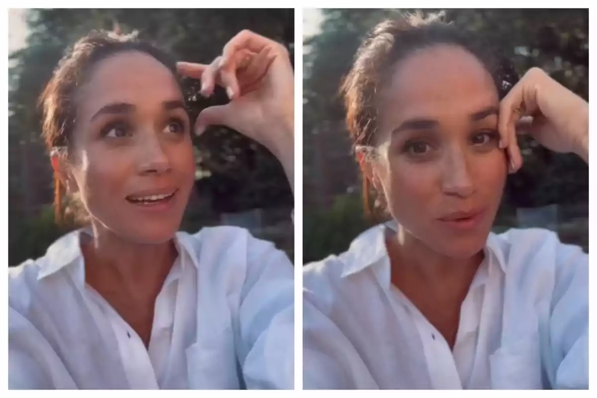 Muntatge de fotos de Meghan Markle vestida amb camisa blanca està a l'aire lliure, amb el sol il·luminant el seu rostre, en dues posicions diferents. Muntatge de fotos de Meghan Markle vestida amb camisa blanca està a l'aire lliure, amb el sol il·luminant el seu rostre, en dues posicions diferents.