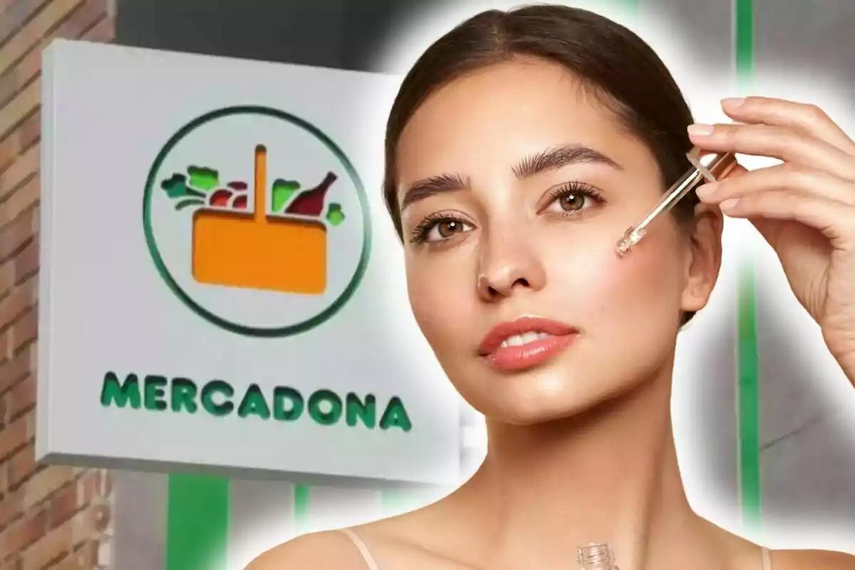 Una dona aplicant-se un producte cosmètic amb un comptagotes davant d'un cartell de Mercadona. Una dona aplicant-se un producte cosmètic amb un comptagotes davant d'un cartell de Mercadona.