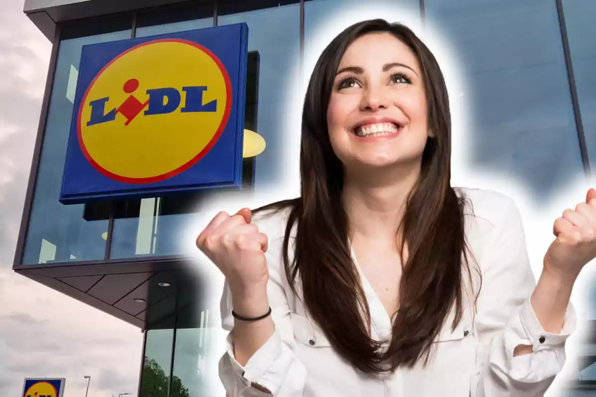 A smiling woman with an enthusiastic expression appears in front of a building with the Lidl logo.