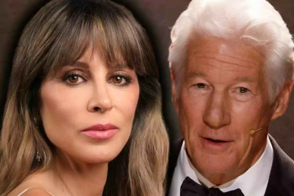 Montaje de fotos de primer plano de Alejandra Silva con rostro serio y Richard Gere con rostro medio sonriente.