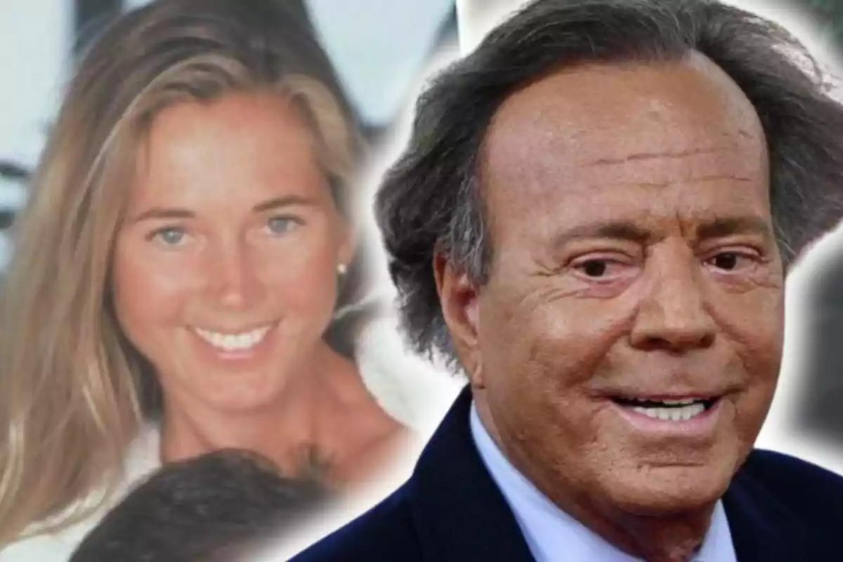 Dos personas sonrientes aparecen en un montaje fotográfico, una de ellas es Miranda Rijnsburger y aparece en el fondo y el otro es Julio Iglesias en primer plano.