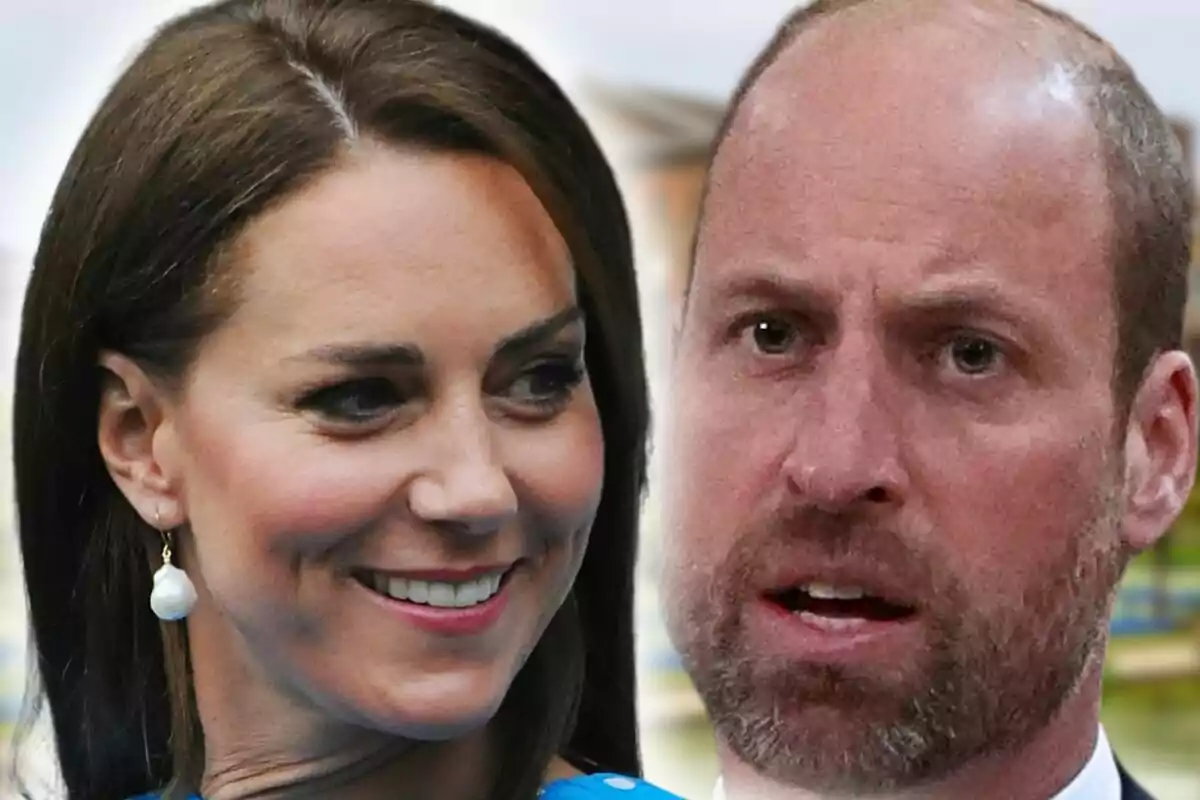 Muntatge de fotos en primer pla de la Kate Middleton somrient i el príncep Guillem amb el rostre seriós.