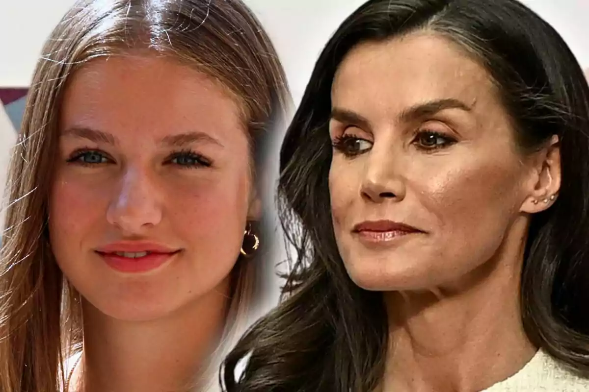 Montaje de fotos de primer plano de Leonor de Borbón con rostro medio sonriente y Letizia Ortiz con rostro serio.
