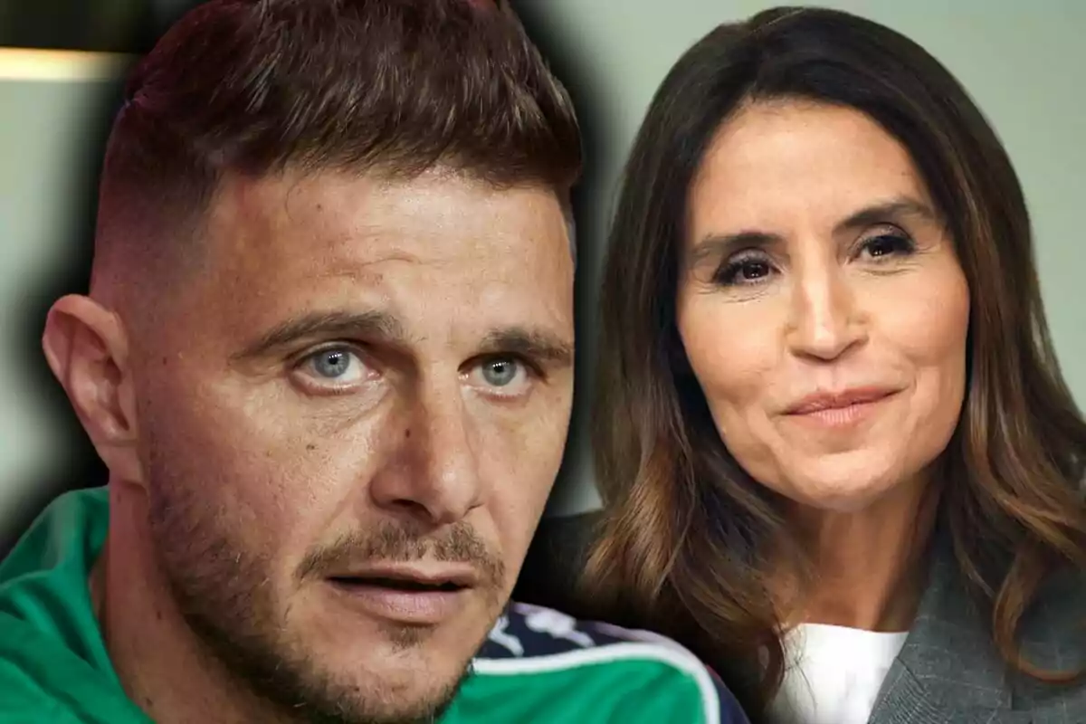Montaje de fotos de primer plano de Joaquín Sánchez con rostro serio y Susana Saborido con rostro medio sonriente.