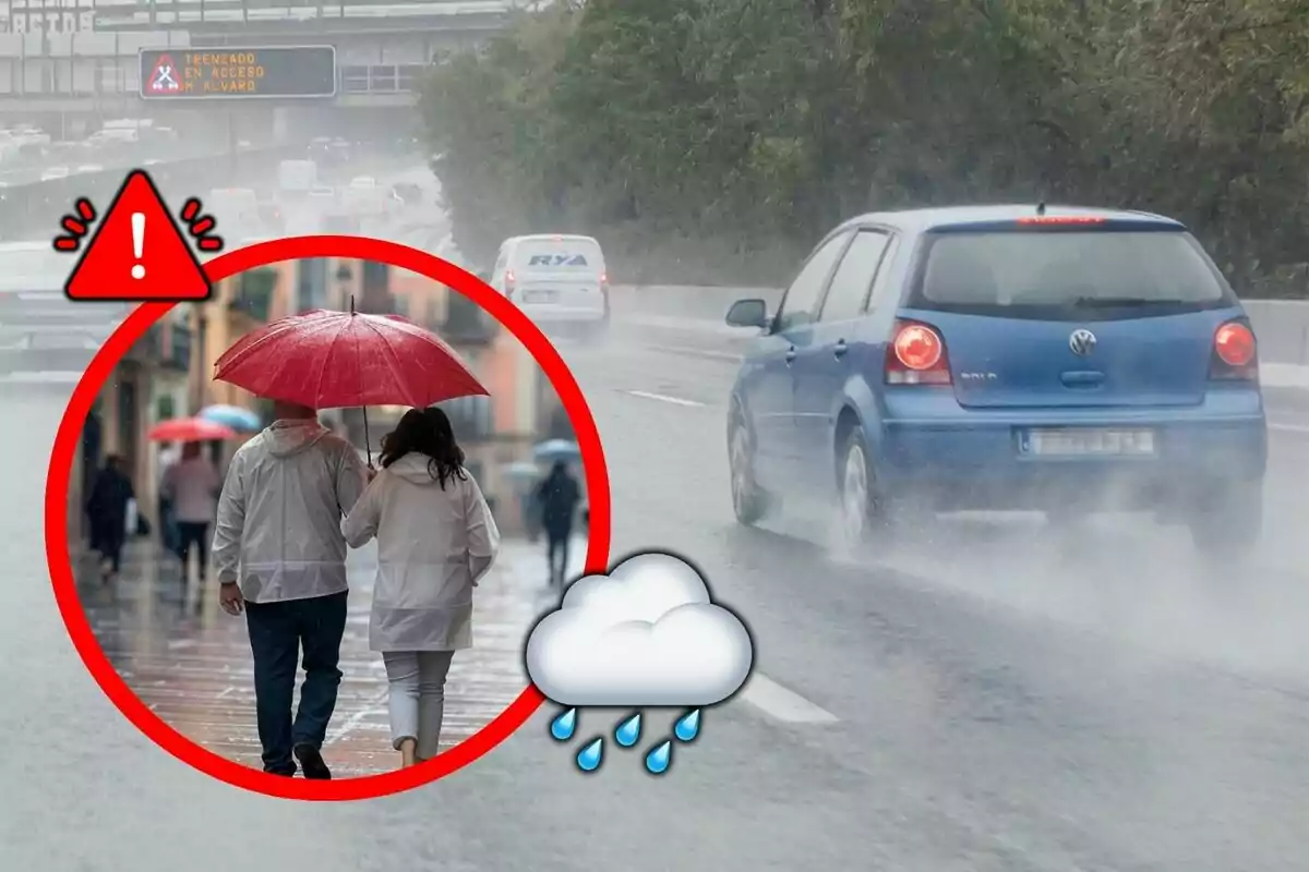 Una carretera mullada per la pluja amb un cotxe blau circulant i un avís de precaució, mentre en un requadre es veu una parella caminant sota un paraigua vermell. Una carretera mullada per la pluja amb un cotxe blau circulant i un avís de precaució, mentre en un requadre es veu una parella caminant sota un paraigua vermell.