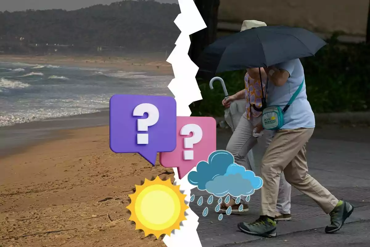La imagen está dividida en dos partes. La parte izquierda muestra una playa con cielo despejado y sol, mientras que la parte derecha muestra a dos personas caminando bajo la lluvia con paraguas. En el centro de la imagen hay un borde irregular que separa ambas escenas, y sobre este borde hay dos íconos de burbujas de diálogo con signos de interrogación y un ícono de sol y lluvia. La imagen está dividida en dos partes. La parte izquierda muestra una playa con cielo despejado y sol, mientras que la parte derecha muestra a dos personas caminando bajo la lluvia con paraguas. En el centro de la imagen hay un borde irregular que separa ambas escenas, y sobre este borde hay dos íconos de burbujas de diálogo con signos de interrogación y un ícono de sol y lluvia.