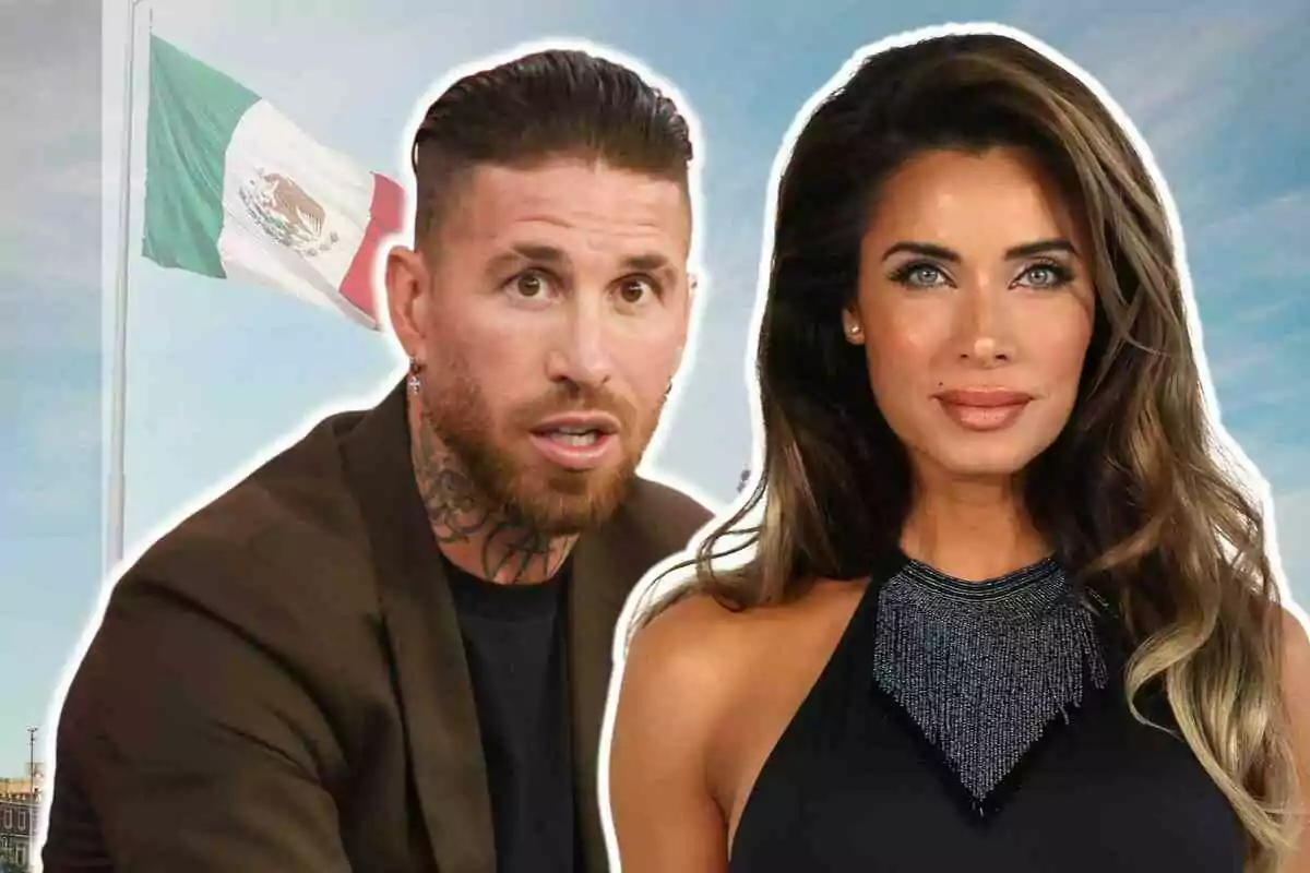 Sergio Ramos y Pilar Rubio frente a una bandera de México ondeando en el cielo.