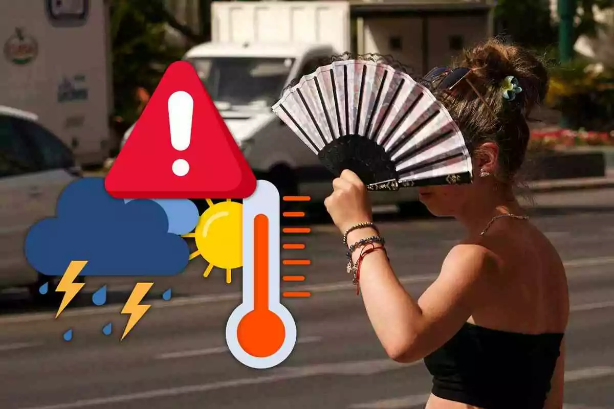 Mujer abanicándose en la calle durante una ola de calor con iconos de advertencia meteorológica y altas temperaturas superpuestos