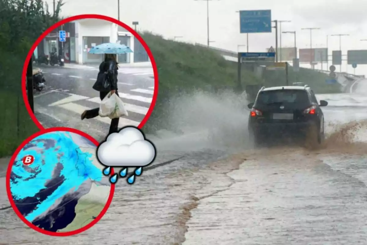 Una carretera inundada per la pluja amb un cotxe esquitxant aigua mentre una persona amb paraigua travessa el carrer i un mapa del clima mostra una tempesta apropant-se. Una carretera inundada per la pluja amb un cotxe esquitxant aigua mentre una persona amb paraigua travessa el carrer i un mapa del clima mostra una tempesta apropant-se.