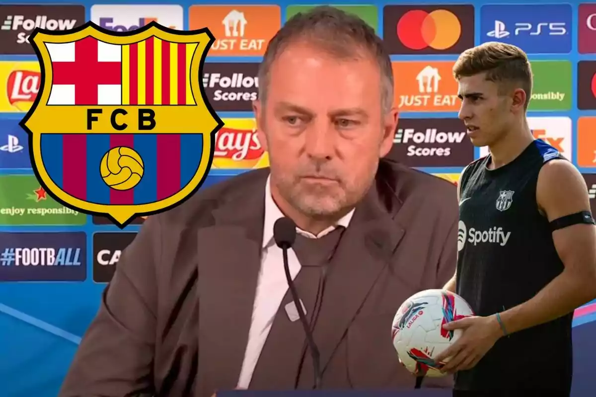 Un hombre en una conferencia de prensa con el logo del FC Barcelona y un jugador de fútbol sosteniendo un balón.