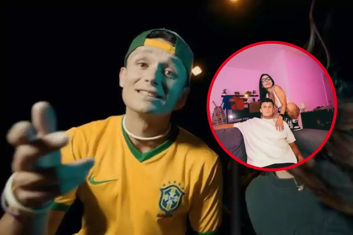 Un hombre con camiseta de Brasil y gorra al revés aparece en primer plano mientras en un círculo rojo se ve a una pareja en una sala iluminada con luz rosa.