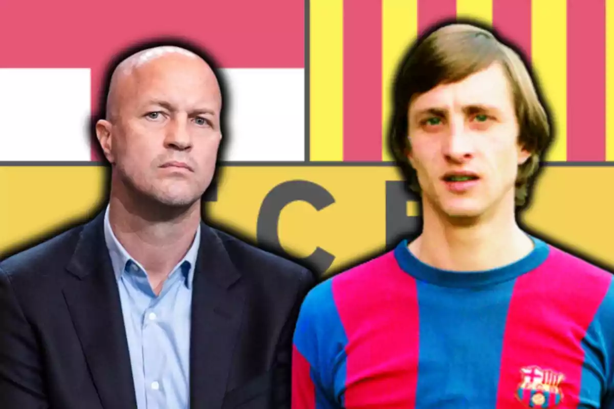 Dos homes davant d'un fons amb els colors del FC Barcelona.