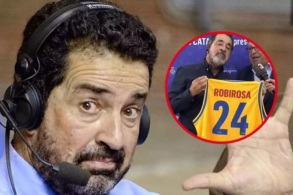 Un hombre con auriculares y micrófono en primer plano con una imagen insertada de él sosteniendo una camiseta amarilla con el número 24 y el nombre Robirosa.