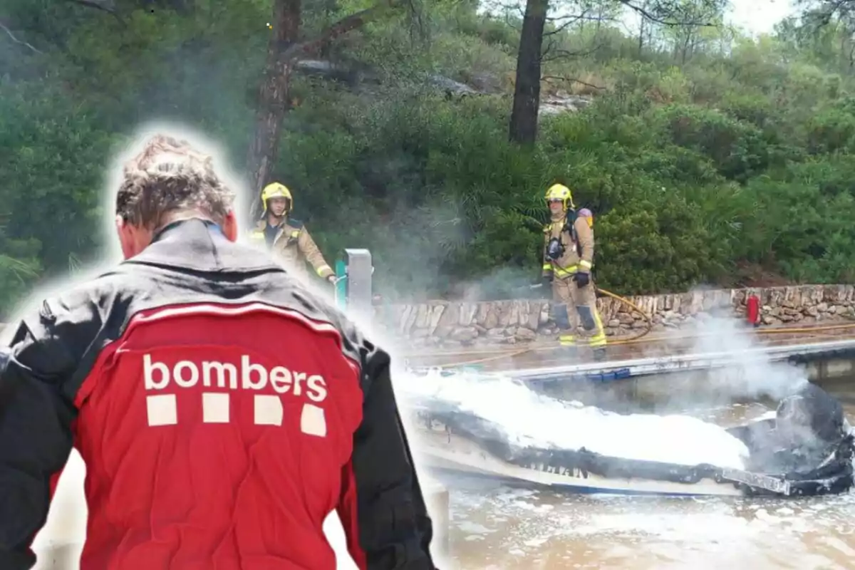 Bomberos trabajando en la extinción de un incendio en una embarcación.