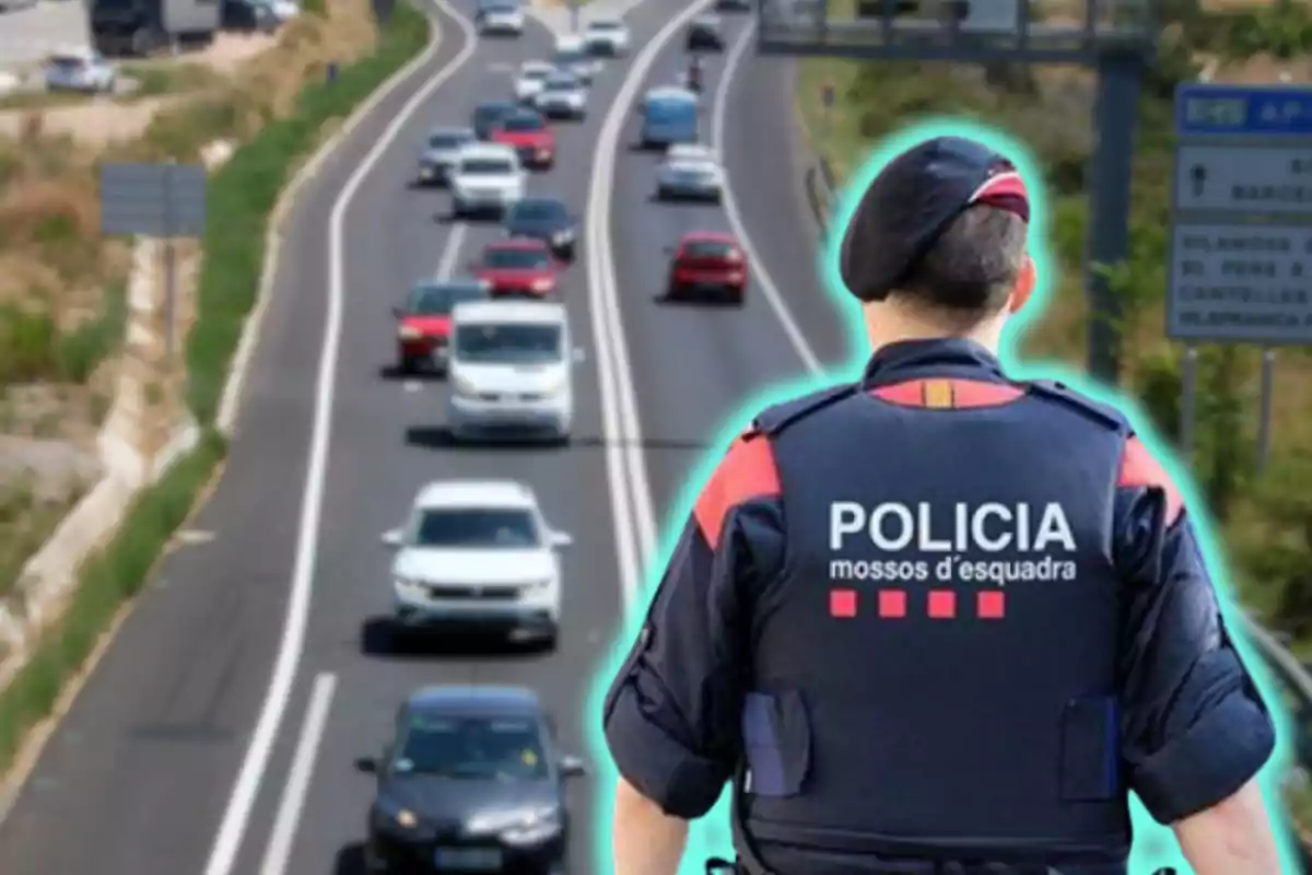 Un agente de los Mossos d'Esquadra de espaldas observando una carretera con tráfico.