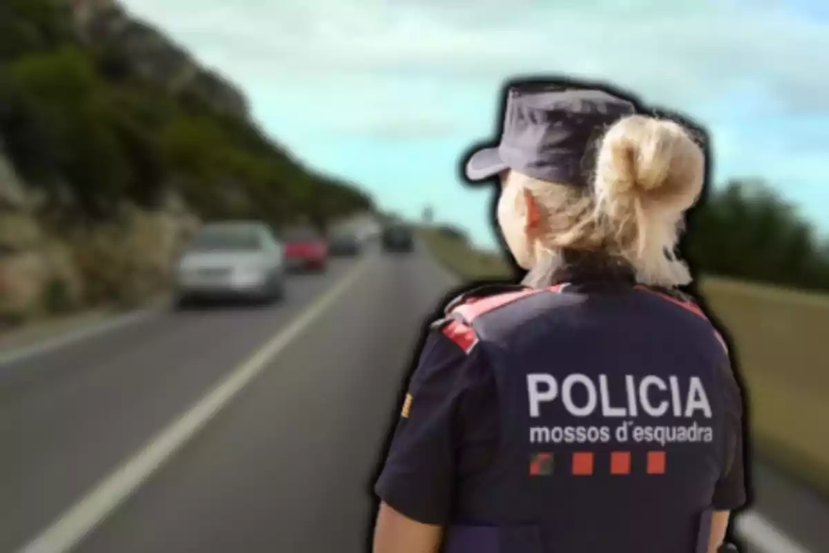 Una agent de policia d?esquena en una carretera amb trànsit.