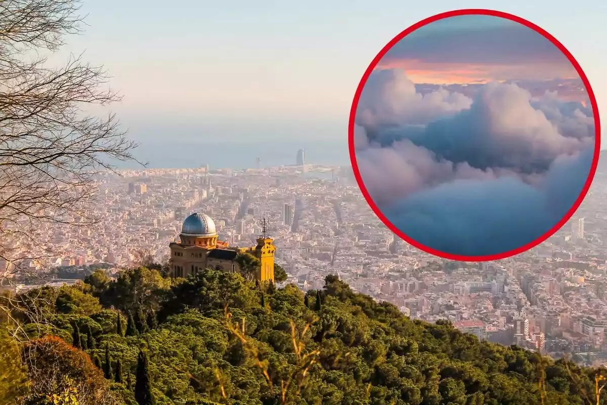 Vista panoràmica d'una ciutat amb un observatori a primer pla i un cercle inserit mostrant una imatge de núvols.