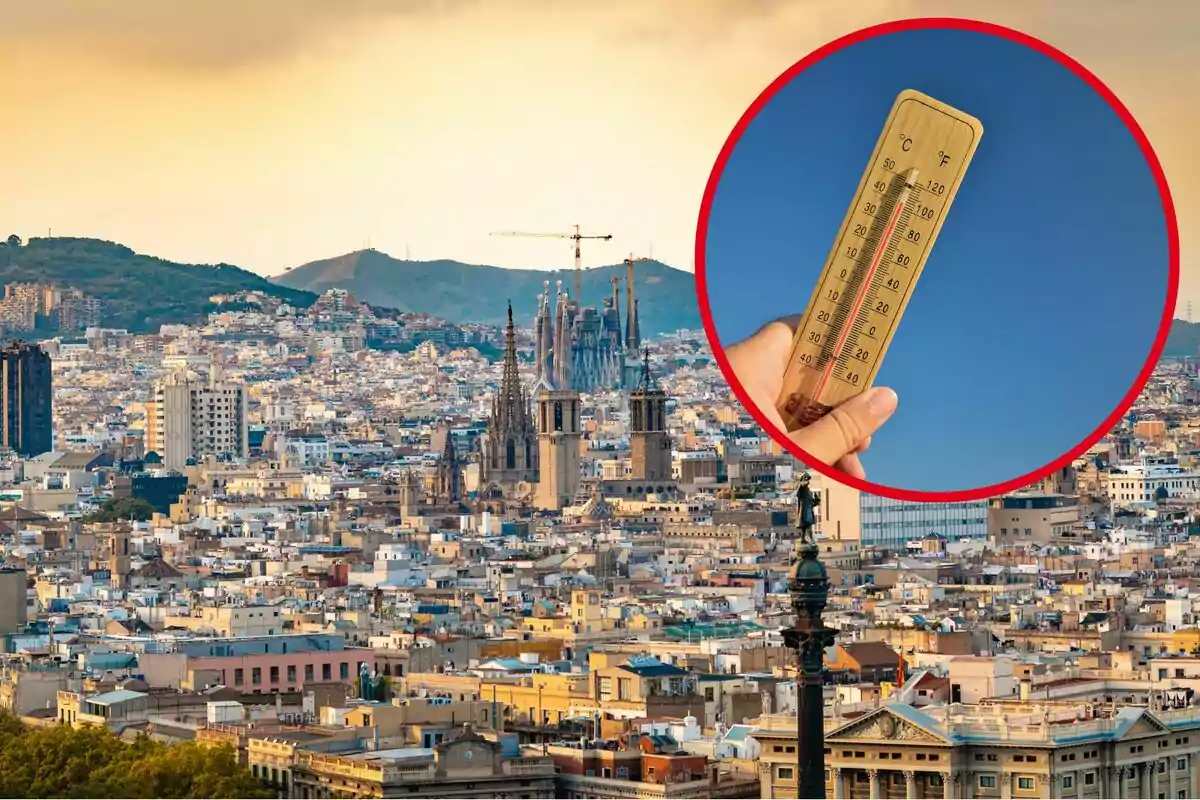 Vista panorámica de una ciudad con un termómetro en primer plano indicando altas temperaturas.