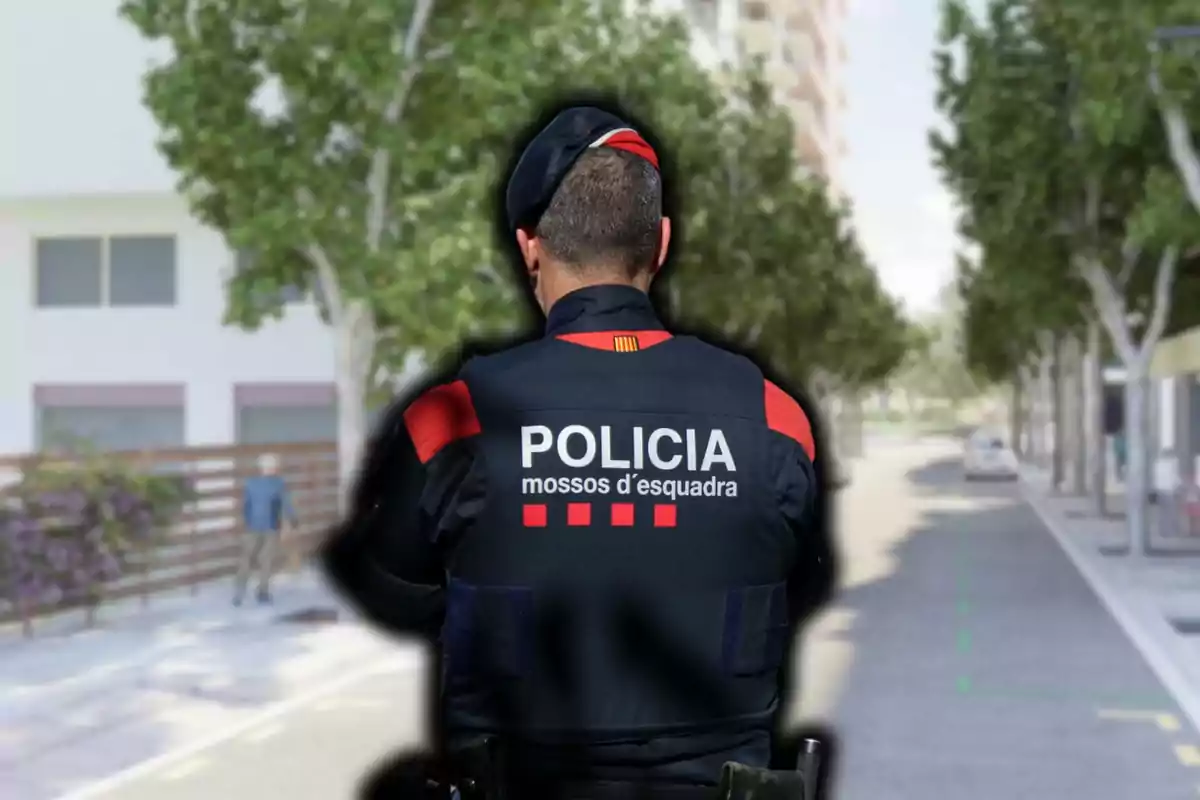 Un agente de los Mossos d'Esquadra de espaldas en una calle arbolada.