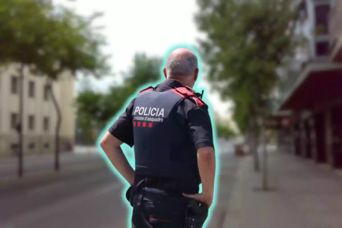 Un policia d?esquena en un carrer amb arbres i edificis.