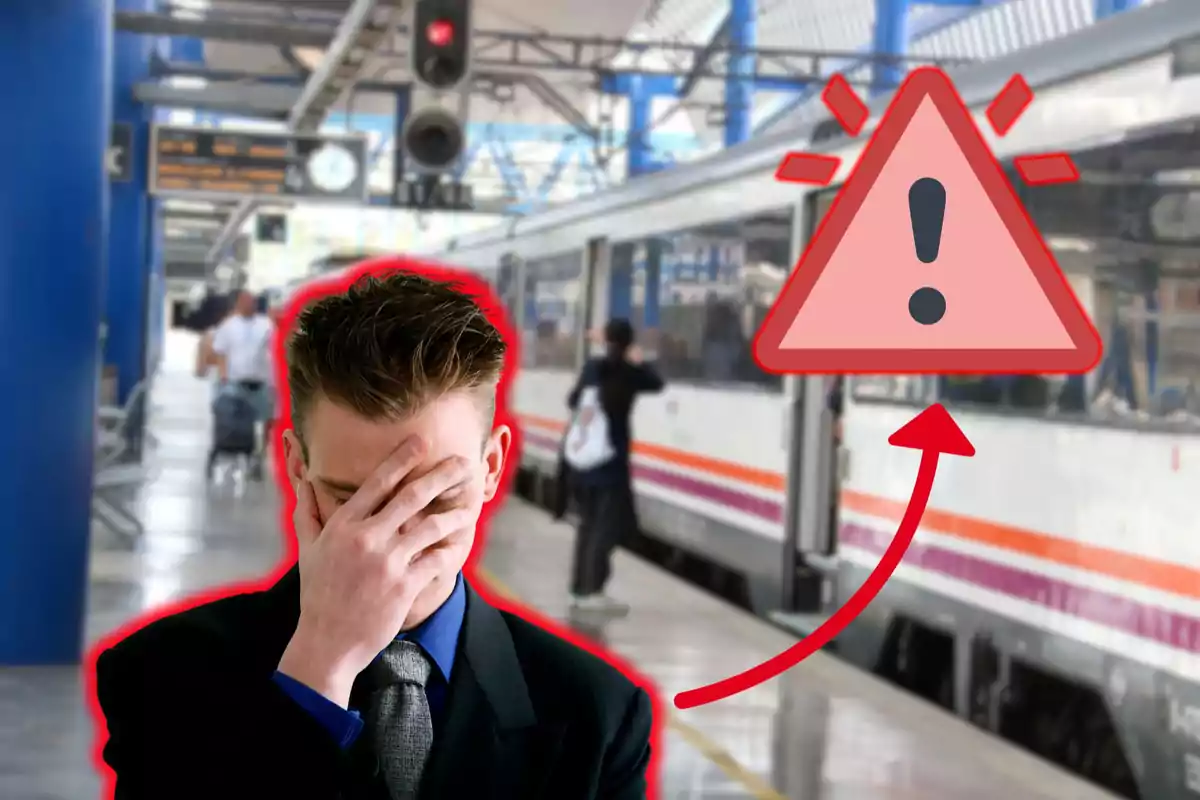 Un hombre con traje se cubre el rostro con la mano en una estación de tren, mientras un símbolo de advertencia aparece sobre la imagen.