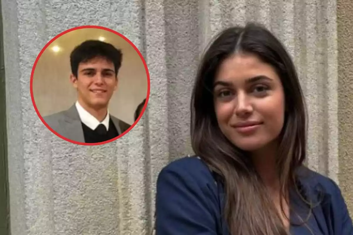 Una mujer de cabello oscuro posa frente a una pared de piedra, con un recuadro que muestra a un hombre joven sonriendo.