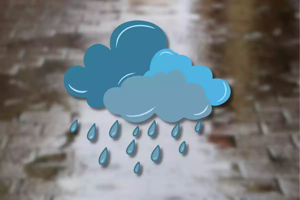 Ilustración de nubes grises y azules con gotas de lluvia sobre un fondo borroso de pavimento mojado.