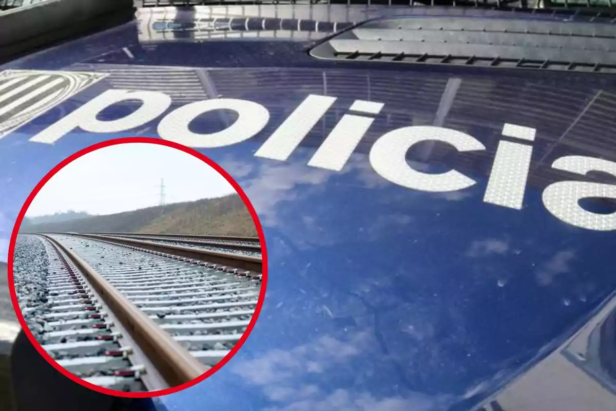 Un cotxe de policia amb una imatge superposada per unes vies de tren.