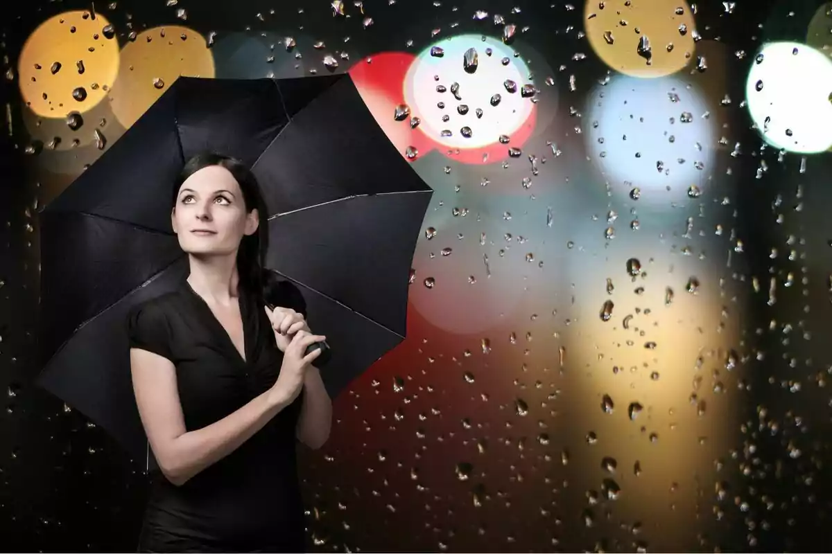 Mujer con paraguas negro bajo la lluvia con luces de fondo desenfocadas.