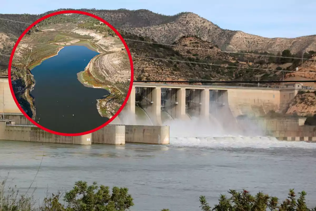 Vista de una presa con un círculo resaltando el nivel de agua en el embalse rodeado de montañas.