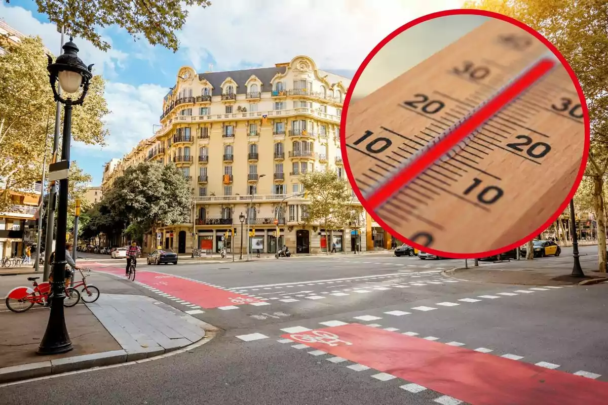 Una calle urbana con un carril bici rojo y un edificio histórico al fondo, con un termómetro en primer plano mostrando una temperatura cálida.