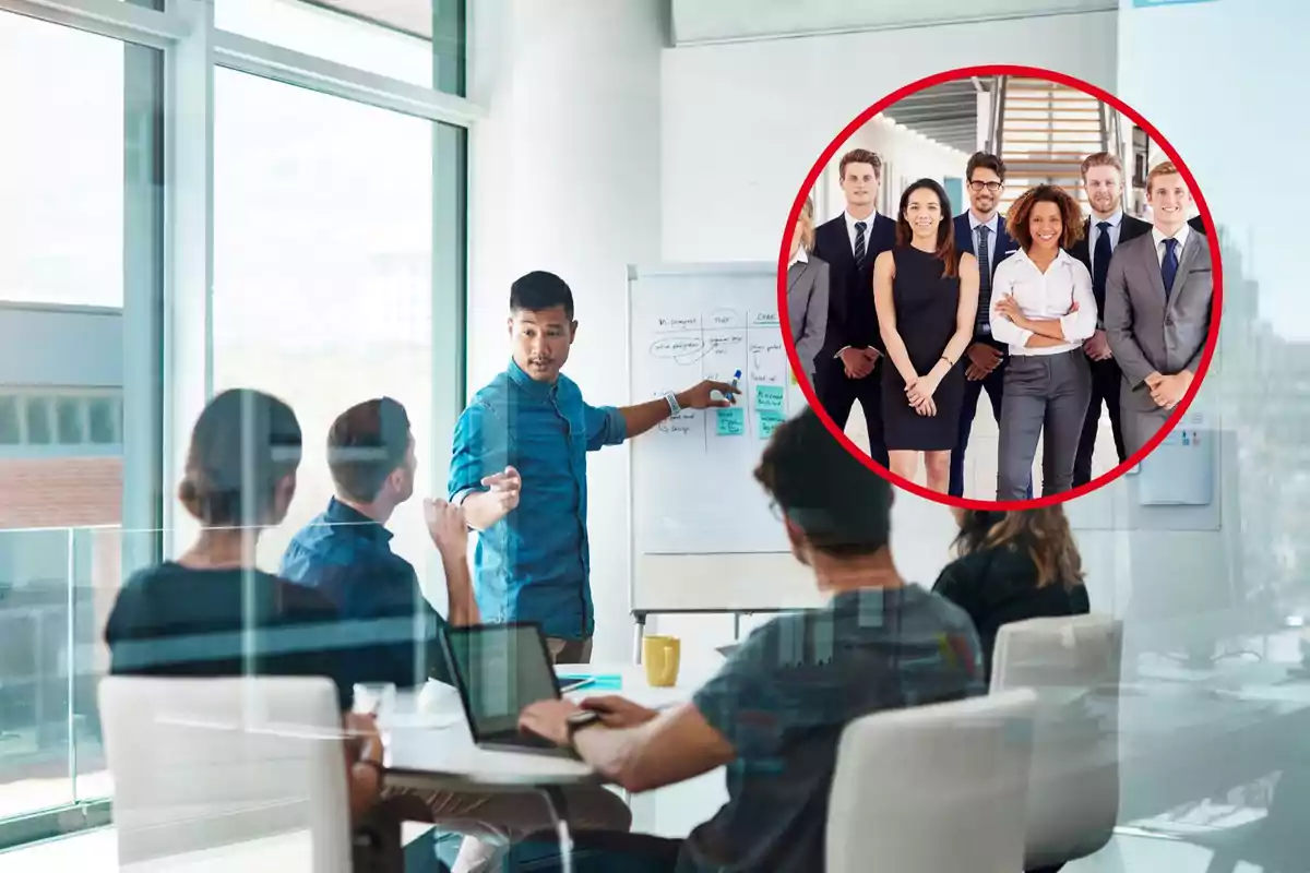 Un grupo de personas en una reunión de trabajo con un hombre presentando en una pizarra y un círculo resaltando a otro grupo de personas posando juntos.